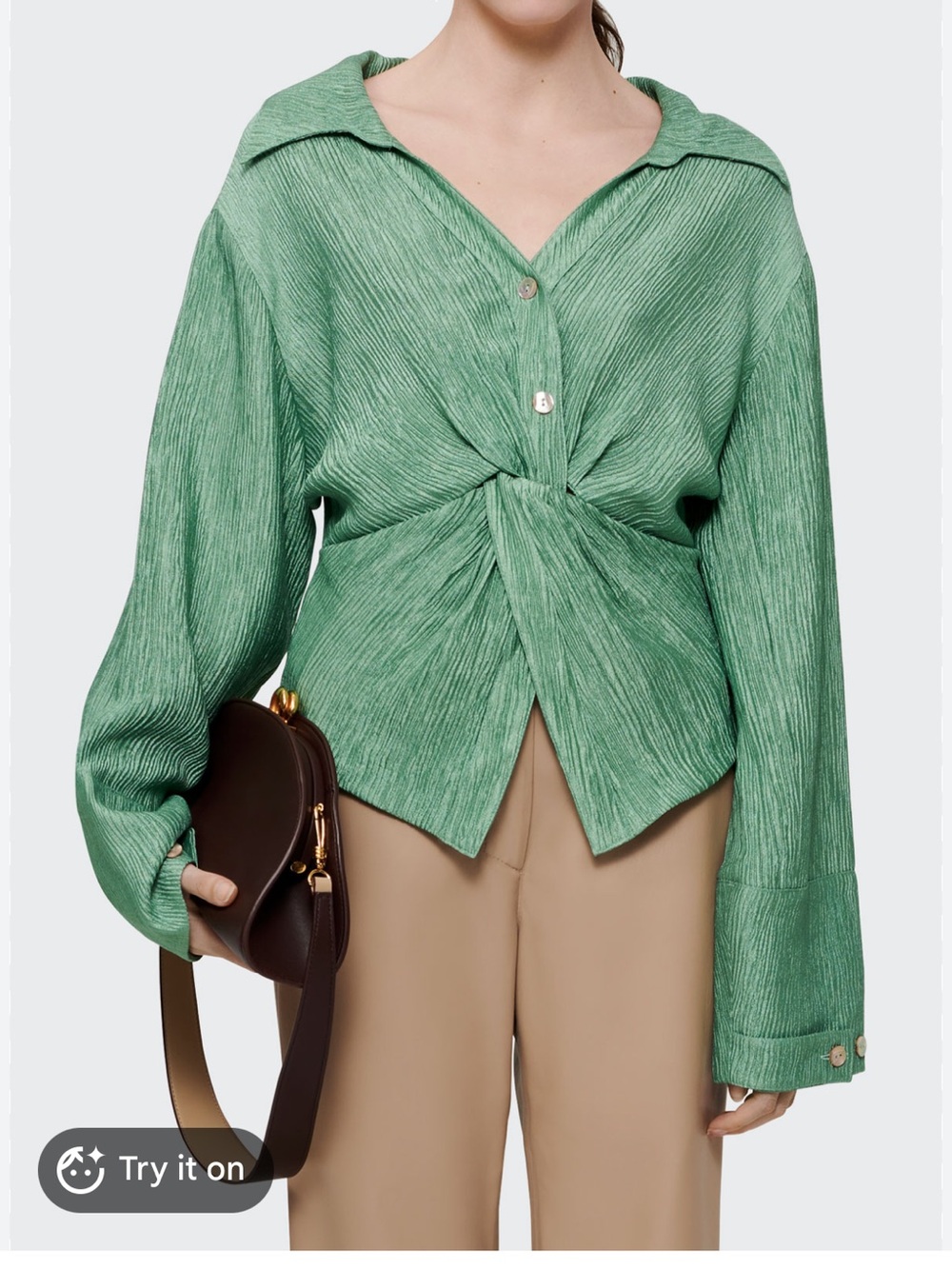 Nanushka idris Green Twisted Crinkle Button-Down Blouse